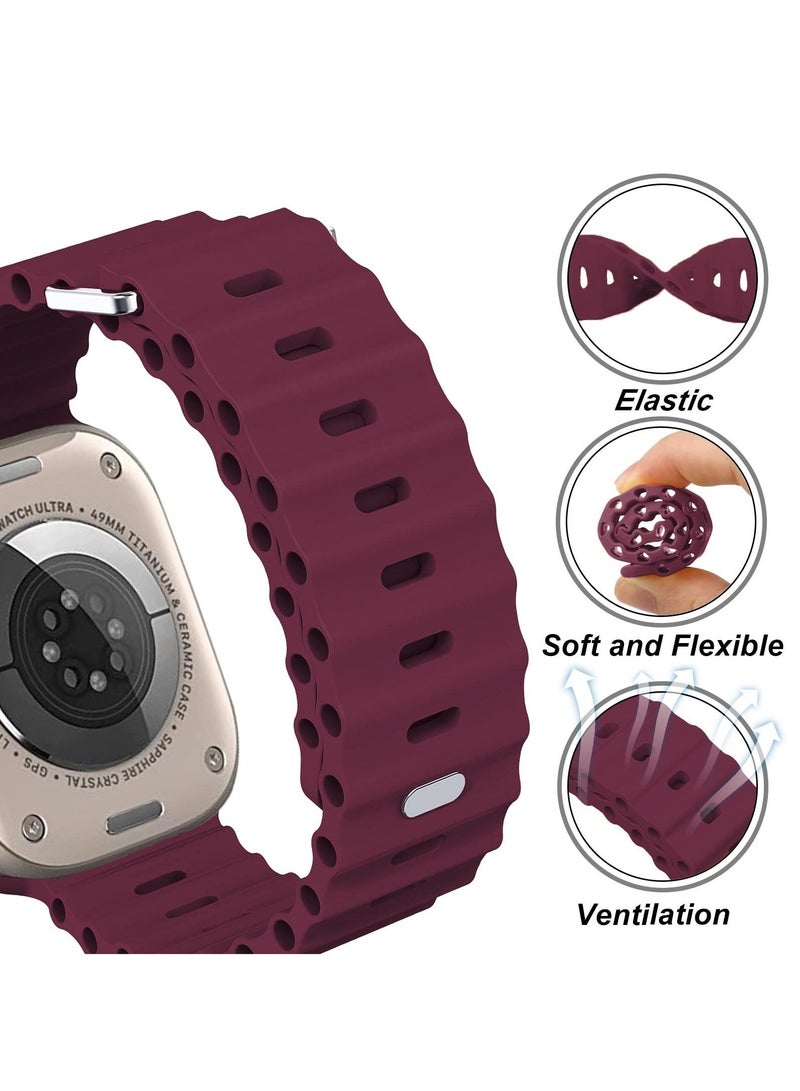 Ocean Band Compatible with Apple Watch Band 49mm 45mm 44mm 42mm Women Men Breathable Waterproof soft Silicone Sport Strap for Watch Apple Watch Ultra SE Series 8 7 6 5 4 _Wine Red  - Image 2