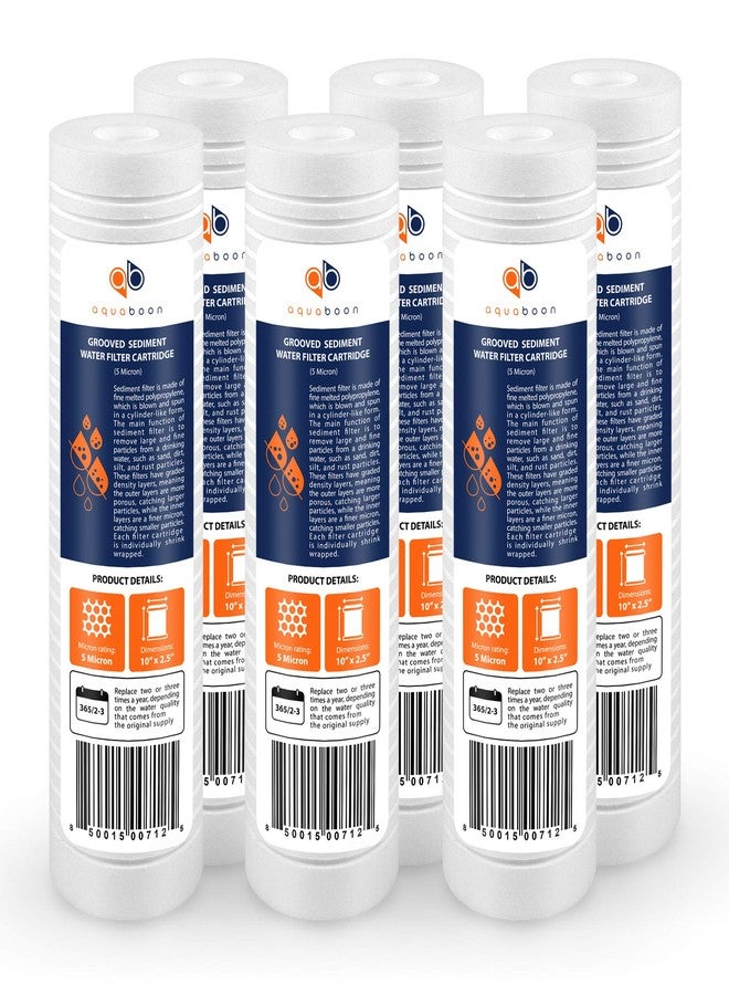 Aquaboon 5 Micron 10 x 2.5 Grooved Sediment Water Filter Replacement for Whole House Filter Cartridge Compatible with AP110, WHKF-GD05, CFS110, 6-Pack - Image 1