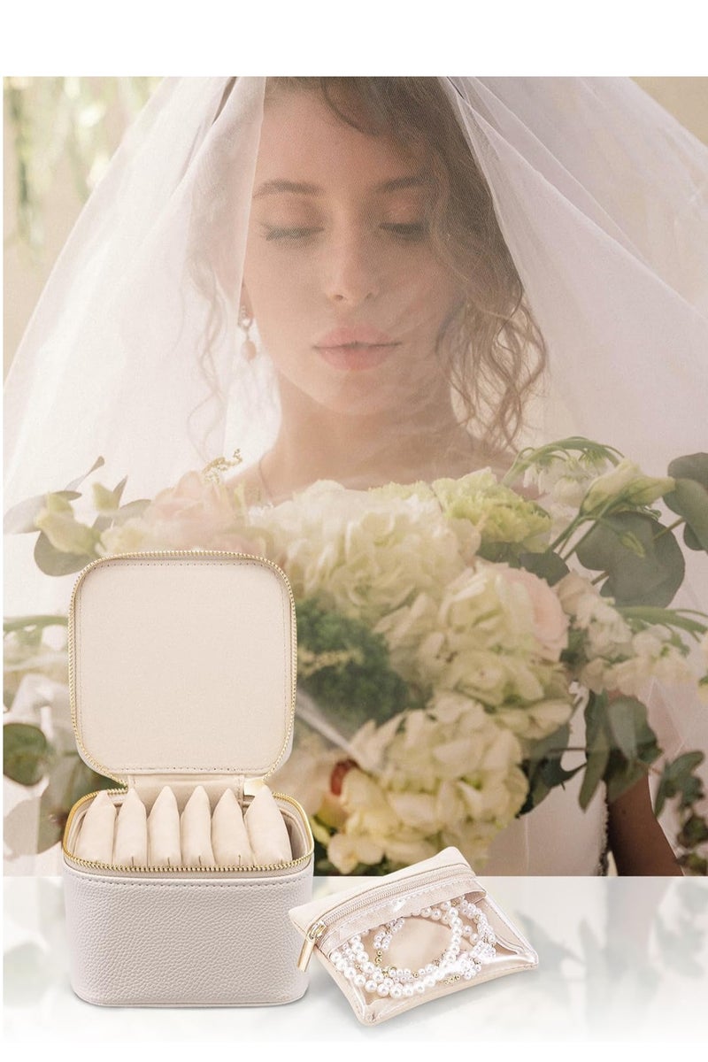 LOOPITYS Travel Small Jewelry Case accessory storage box, PU Leather 6 zipper velvet bags for Girl Women Ladies' ring ,Valentine's Day Gift, Marriage, ,Small Jewelry Organizer Box, earrings, necklace, zipper style jewelry box （Off white） - Image 1