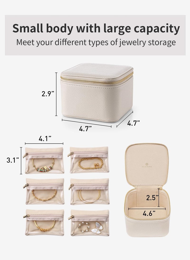 LOOPITYS Travel Small Jewelry Case accessory storage box, PU Leather 6 zipper velvet bags for Girl Women Ladies' ring ,Valentine's Day Gift, Marriage, ,Small Jewelry Organizer Box, earrings, necklace, zipper style jewelry box （Off white） - Image 3