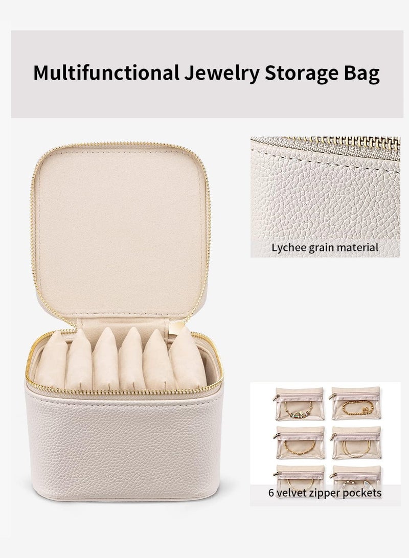 LOOPITYS Travel Small Jewelry Case accessory storage box, PU Leather 6 zipper velvet bags for Girl Women Ladies' ring ,Valentine's Day Gift, Marriage, ,Small Jewelry Organizer Box, earrings, necklace, zipper style jewelry box （Off white） - Image 4