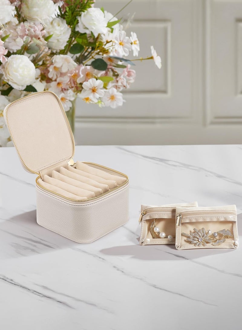 LOOPITYS Travel Small Jewelry Case accessory storage box, PU Leather 6 zipper velvet bags for Girl Women Ladies' ring ,Valentine's Day Gift, Marriage, ,Small Jewelry Organizer Box, earrings, necklace, zipper style jewelry box （Off white） - Image 5