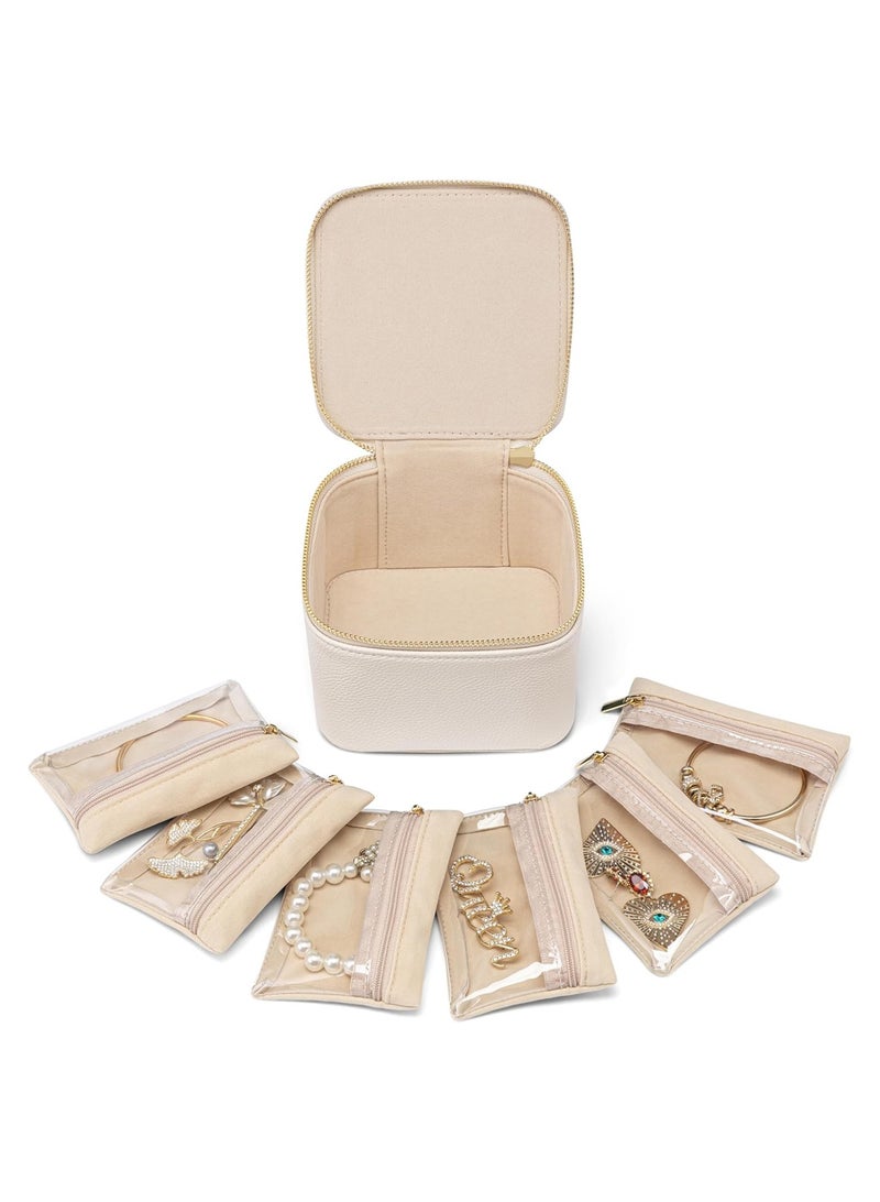 LOOPITYS Travel Small Jewelry Case accessory storage box, PU Leather 6 zipper velvet bags for Girl Women Ladies' ring ,Valentine's Day Gift, Marriage, ,Small Jewelry Organizer Box, earrings, necklace, zipper style jewelry box （Off white） - Image 2