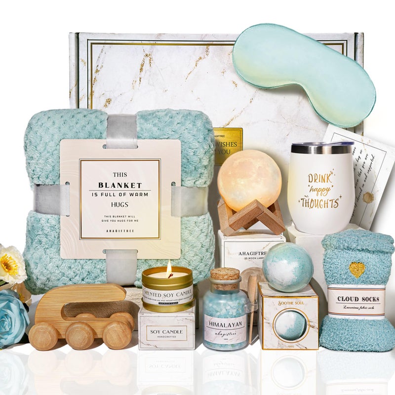 AHAGIFTREE Birthday Gifts for Women Self Care Gifts Get Well Soon Gifts Baskets with Moon lamp for Women After Surgery,11PC Spa,Thinking of You Gift, Care Package for Mom Friend (Turquoise) - Image 1