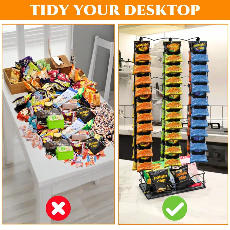 Acshio Chip Rack Display Stand, 3 Row 60 Clips Large Snack Retail Display Rack with Basket, Countertop Potato Chip Bag Candy Organizer Store Concession Stand for Party, Pantry, Office, Vendor Events - Image 4