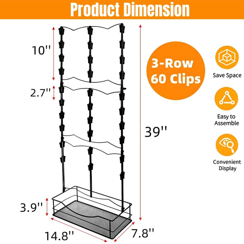 Acshio Chip Rack Display Stand, 3 Row 60 Clips Large Snack Retail Display Rack with Basket, Countertop Potato Chip Bag Candy Organizer Store Concession Stand for Party, Pantry, Office, Vendor Events - Image 2