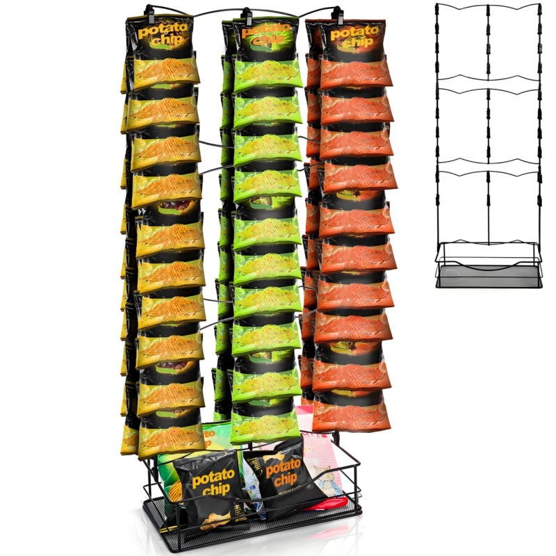 Acshio Chip Rack Display Stand, 3 Row 60 Clips Large Snack Retail Display Rack with Basket, Countertop Potato Chip Bag Candy Organizer Store Concession Stand for Party, Pantry, Office, Vendor Events - Image 1
