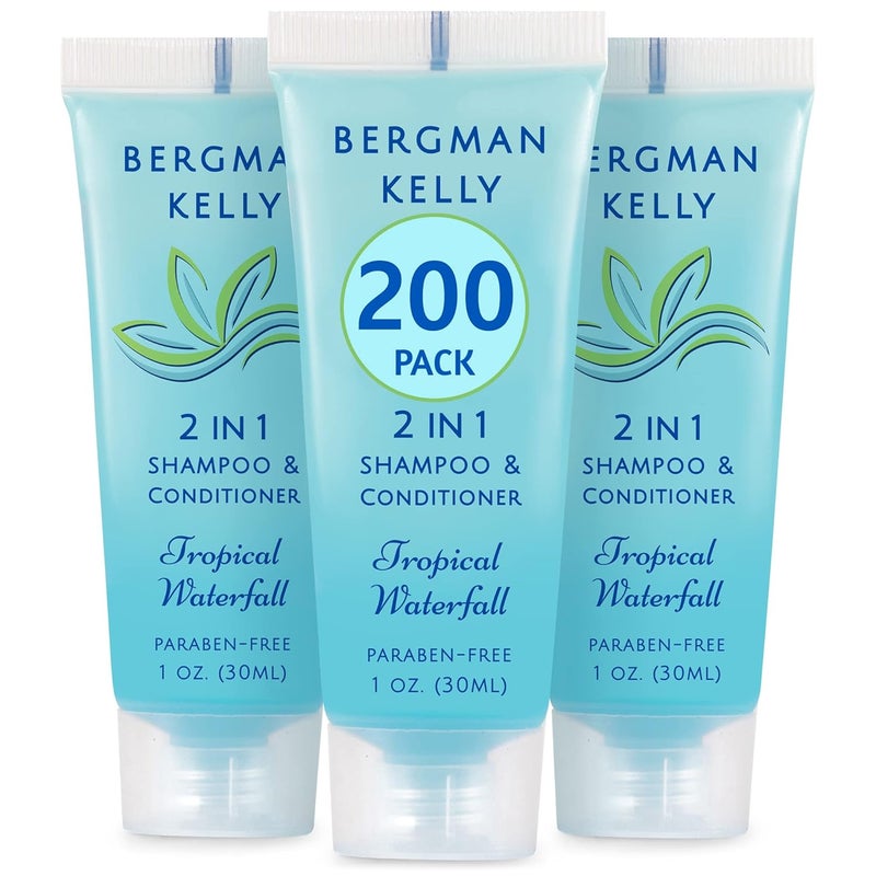 Bergman Kelly  Travel Size 2 in 1 Shampoo  Conditioner  1 fl oz 200 PK Tropical Waterfall  Delight Your Guests wInvigorating  Refreshing Shampoo Amenities  Small Hotel Toiletries in Bulk