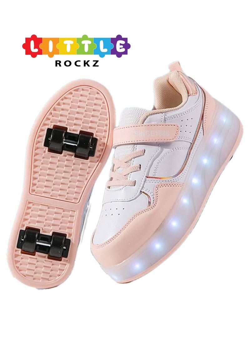 LITTLE ROCKZ Kids Four Wheel Roller Shoes Rechargeable LED Flash Light Sneaker Skate Heelys Shoes Pink - Image 1