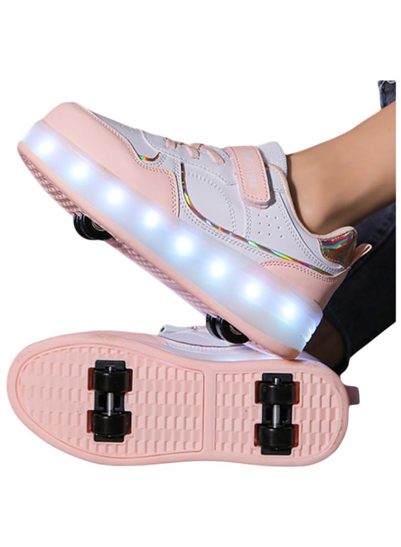 LITTLE ROCKZ Kids Four Wheel Roller Shoes Rechargeable LED Flash Light Sneaker Skate Heelys Shoes Pink - Image 2