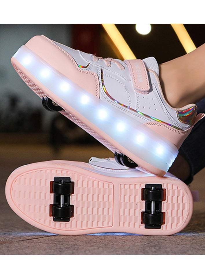 LITTLE ROCKZ Kids Four Wheel Roller Shoes Rechargeable LED Flash Light Sneaker Skate Heelys Shoes Pink - Image 4