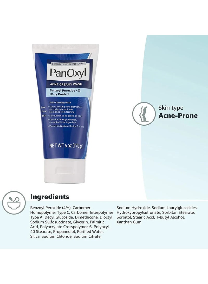PanOxyl Acne Creamy Wash, Benzoyl Peroxide 4% Daily Control, 6 Oz (170 G) - Image 2
