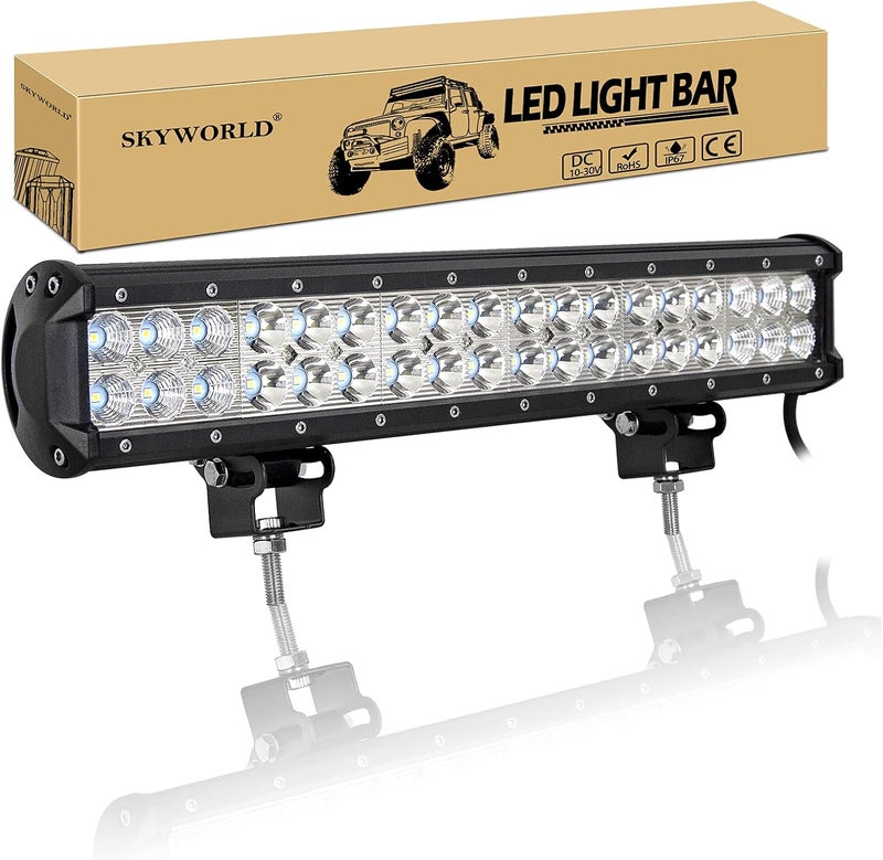 سكاي وورلد شريط إضاءة عمل LED من مقاس 18 بوصة بقدرة 108 واط، شعاع مدمج بقعة وفيض، 12V 24V، أضواء القيادة للطرق الوعرة ومصباح ضباب لسيارة شاحنة 4x4 ومركبة ATV وSUV وقارب، مقاوم للماء، أبيض 6000K - Image 1