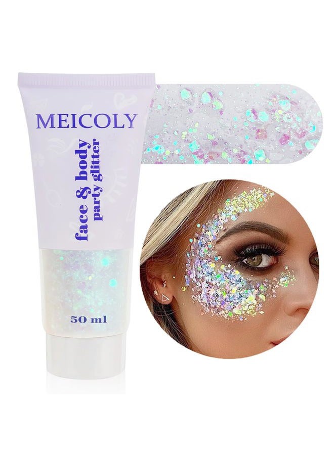 MEICOLY Clear White Body Glitter,Face Glitter,Sparkly Glitter Gifts,Stocking Stuffers for Women Kids Girls,Chunky Hair Glitter Gel,Singer Concerts Festival Rave Accessories,Mermaid Glitter Face Paint - Image 1