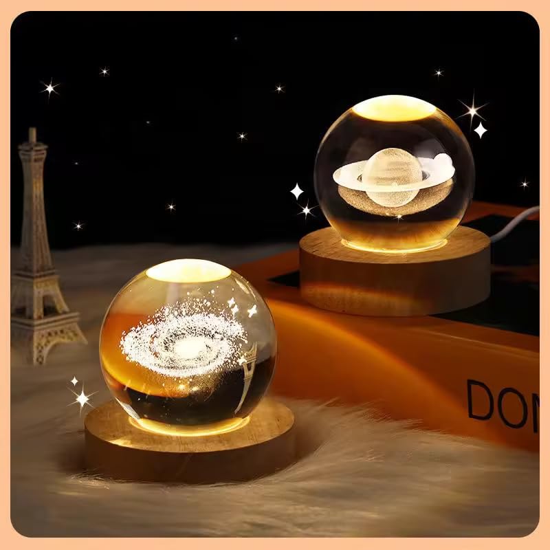 GITGRNTH 3D Saturn Crystal Ball Lamp - Solar System Night Light, 3D Saturn Crystal Ball, Galaxy Lamp, Galaxy Crystal Light with USB Powered 3.15 Inch LED Wooden Base, Perfect for Gifts - Image 4