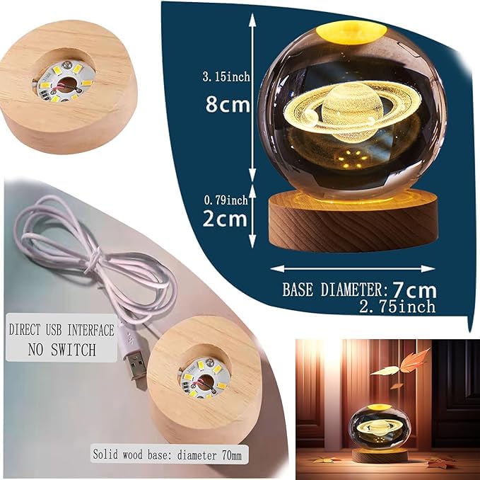 GITGRNTH 3D Saturn Crystal Ball Lamp - Solar System Night Light, 3D Saturn Crystal Ball, Galaxy Lamp, Galaxy Crystal Light with USB Powered 3.15 Inch LED Wooden Base, Perfect for Gifts - Image 2