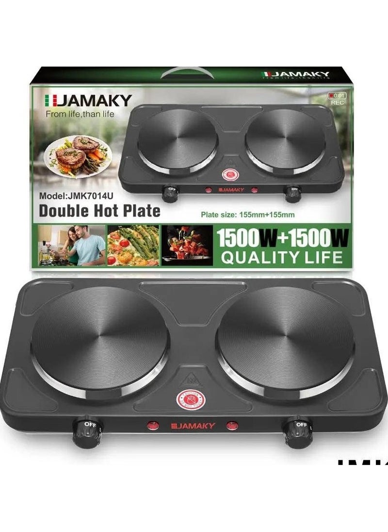JAMAKY Italy Jamaki 3000W JMK-7014U Stainless Steel Double Hot Plate with Adjustable Temperature Control, Durable Heat Resistant Cast Iron - Black (Italian)  - Image 1