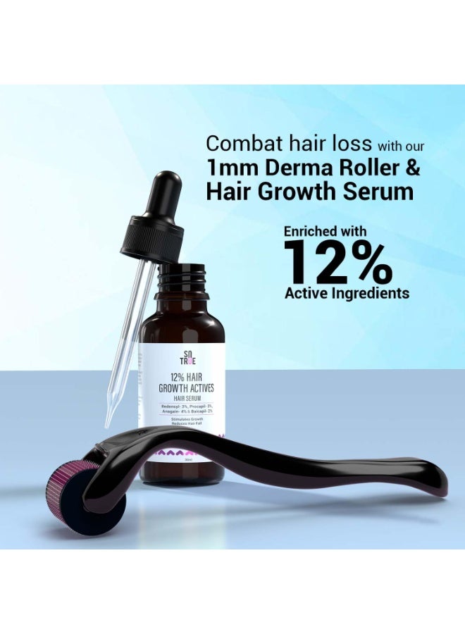 So True Sotrue Derma Roller 1mm with Hair Growth Serum 30ml | 540 Stainless Steel Needles | Derma Roller for Hair Growth & Thickening, Repair Damages with 12% Growth Actives (Black) - Image 2