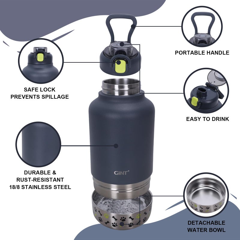 GiNT 37oz Insulated Stainless Steel Dog & Human Water Bottle | Leakproof Travel Dispenser with Detachable 10oz Bowl, 24H Cold/12H Hot, Carrying Case for Walking, Hiking, Camping & Outdoor Travel - Image 2