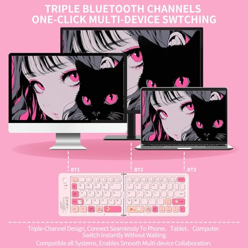 jar-owl Pink Foldable Mini Bluetooth Keyboard, Portable Compact Wireless Rechargeable Keyboard with 67 Slim Quiet Keys, Cute Pocket-Sized Travel Keyboard for iPad iPhone Android Tablet Mac Windows-Cat Theme - Image 4