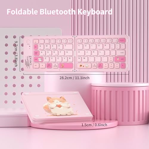 jar-owl Pink Foldable Mini Bluetooth Keyboard, Portable Compact Wireless Rechargeable Keyboard with 67 Slim Quiet Keys, Cute Pocket-Sized Travel Keyboard for iPad iPhone Android Tablet Mac Windows-Cat Theme - Image 2