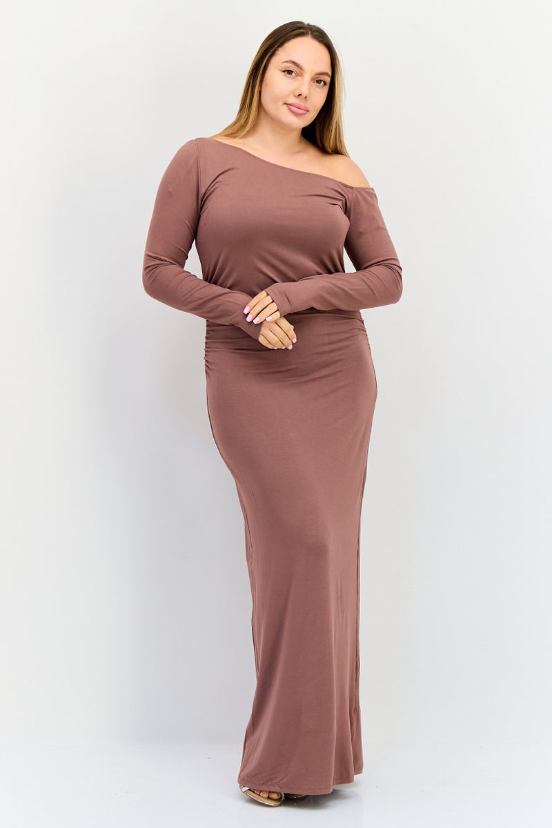 bebe فستان ماكسي نسائي سادة، بني - Image 1