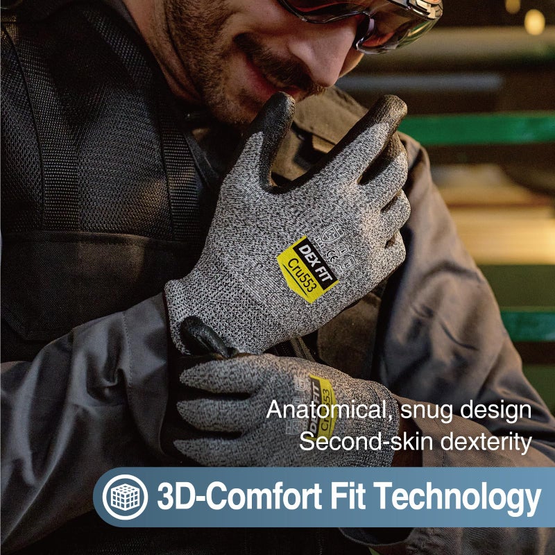 DEX FIT DEX FIT Level 5 Cut Resistant Gloves Cru553, 3D-Comfort Fit, Firm Grip, Thin & Lightweight, Touch-Screen Compatible, Durable, Breathable & Cool, Machine Washable; Grey L (9) 1 Pair  - Image 4