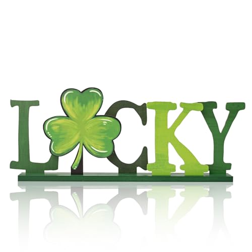 Sm:)e Smile St.Patrick's Day Wooden Standing Sign, 5-Piece Green Shamrock Irish Charm Decor, Tabletop Decoration for Home Office Shelf Mantel "LUCKY" Letter - Image 1