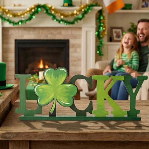 Sm:)e Smile St.Patrick's Day Wooden Standing Sign, 5-Piece Green Shamrock Irish Charm Decor, Tabletop Decoration for Home Office Shelf Mantel "LUCKY" Letter - Image 4