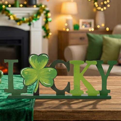 Sm:)e Smile St.Patrick's Day Wooden Standing Sign, 5-Piece Green Shamrock Irish Charm Decor, Tabletop Decoration for Home Office Shelf Mantel "LUCKY" Letter - Image 5