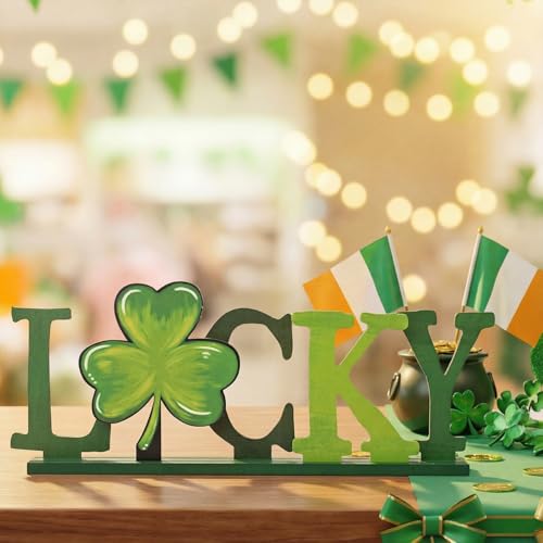 Sm:)e Smile St.Patrick's Day Wooden Standing Sign, 5-Piece Green Shamrock Irish Charm Decor, Tabletop Decoration for Home Office Shelf Mantel "LUCKY" Letter - Image 3