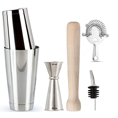 NJ Boston Shakers Set Wooden Muddler Heathrow Strainer and Japanese Style Jigger 30 and 60 ml and Pourer: 6 Pieces Set - Image 1
