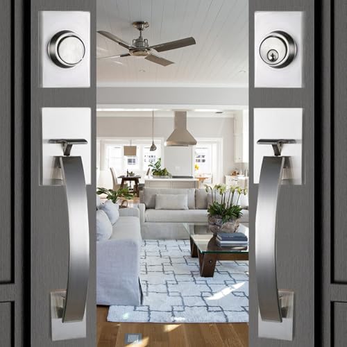 NEWBANG Silver Double Doors Handle Lock Set for Front & Entry Door - Satin Nickel Finish,MDHST2017SN-SET-BR - Image 1