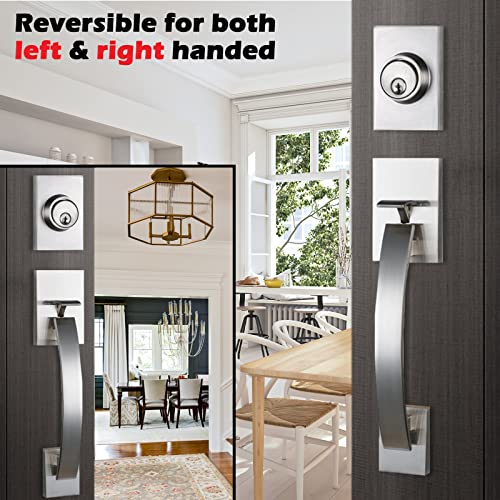 NEWBANG Silver Double Doors Handle Lock Set for Front & Entry Door - Satin Nickel Finish,MDHST2017SN-SET-BR - Image 3