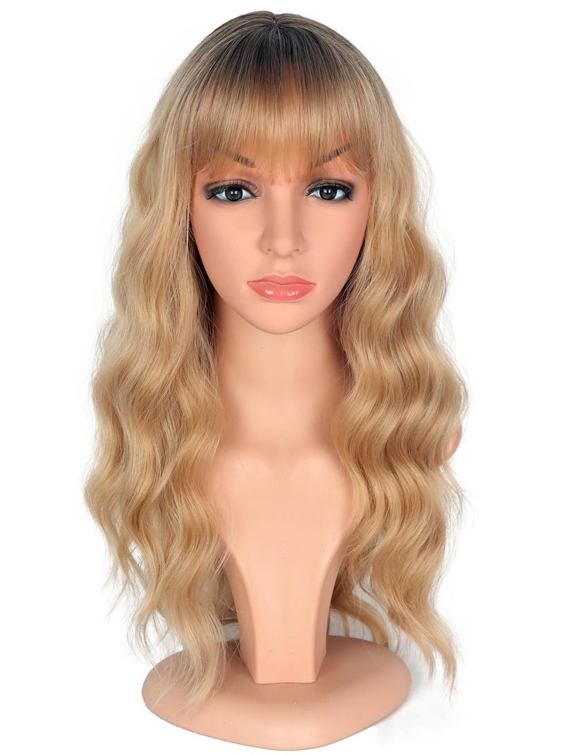 Medium Long Blonde Wavy Wigs For Women Synthetic Full Hair Blonde Wigs With Bangs For Daily Use Blonde