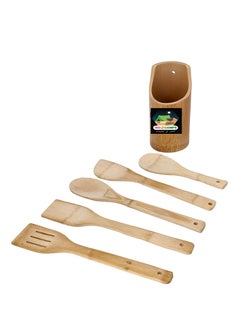 GO2CAMPS 5-Piece Wooden Cutlery Set With Spoon Holder /Organic Bamboo 5 Peice Kitchen Tool Set Beige/Brown  - Image 2