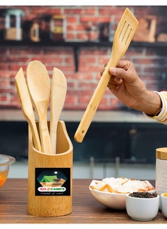 GO2CAMPS 5-Piece Wooden Cutlery Set With Spoon Holder /Organic Bamboo 5 Peice Kitchen Tool Set Beige/Brown  - Image 5