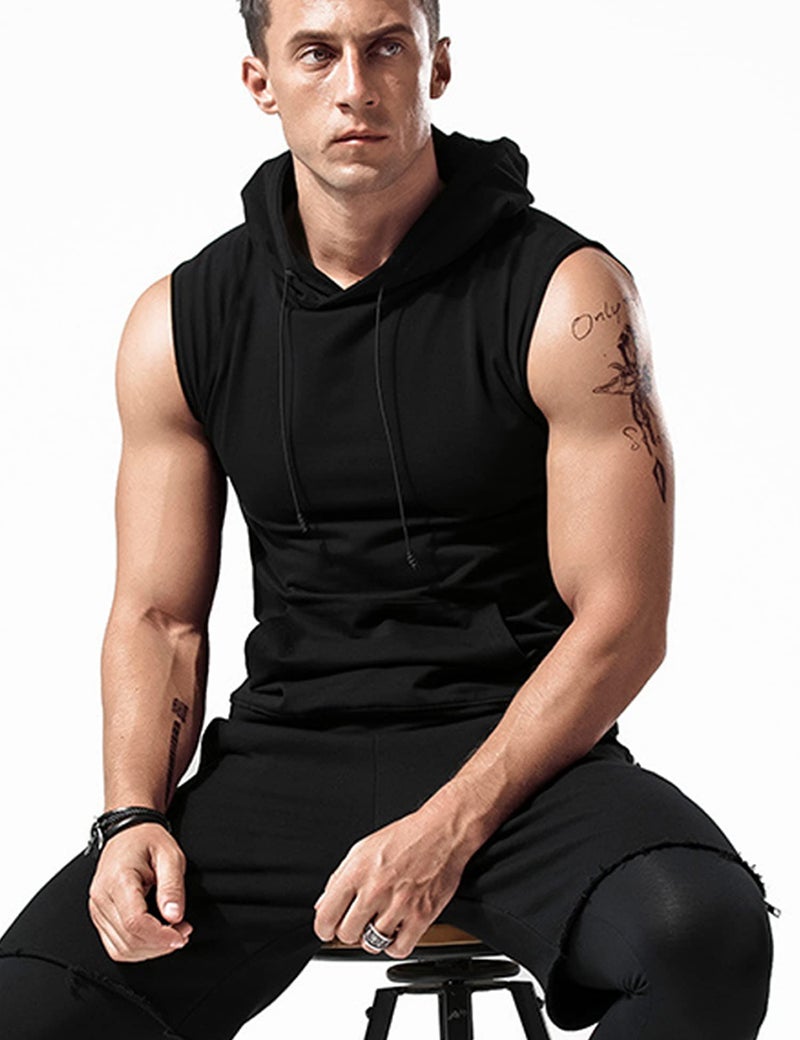 Amussiar Men's Workout Hooded Tank Top Athletic Muscle Sleeveless Hoodies Dry Fit Running Shirt Black - Image 2