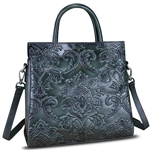 LRTO Genuine Leather Satchel for Women Top Handle Handbag Handmade Embossed Vintage Satchel Retro Crossbody Handbags Purse Hobo Bag (Grey) - Image 2