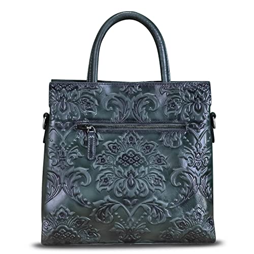 LRTO Genuine Leather Satchel for Women Top Handle Handbag Handmade Embossed Vintage Satchel Retro Crossbody Handbags Purse Hobo Bag (Grey) - Image 3