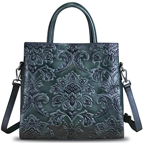LRTO Genuine Leather Satchel for Women Top Handle Handbag Handmade Embossed Vintage Satchel Retro Crossbody Handbags Purse Hobo Bag (Grey) - Image 1