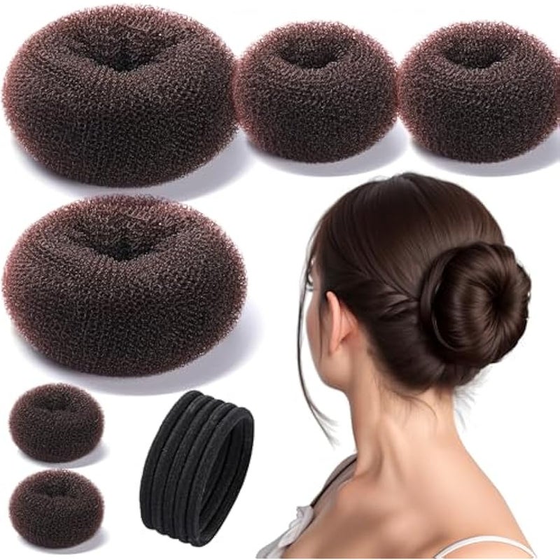 Donut Hair Bun Maker Set, Hair Bun Shaper Set with Large, Medium, Small Hair Donuts For Buns, Hair Accessories For Girls, 5 Elastic Bands - Image 1