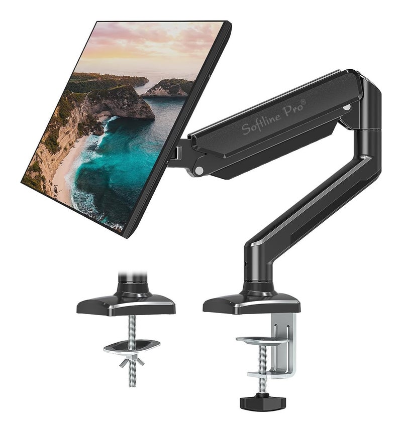 Softline Pro SP HMS1 Single Monitor Desk Mount, Gas Spring Single Arm Monitor Stand Desk VESA Mount for 13 to 32 Inch Screen with Clamp and Grommet Mounting Base - Image 1