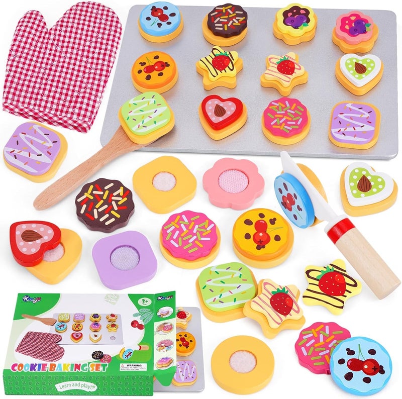KMTJT Slice and Bake Wooden Cookie Play Food Set for Kids Kitchen Toy Food Accessories Kids Pretend Cookies and Baking Sheet Toy Baking Set for 3 Year Old Boys Girls Birthday Gifts - Image 3