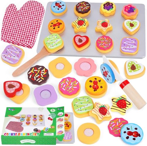 KMTJT Slice and Bake Wooden Cookie Play Food Set for Kids Kitchen Toy Food Accessories Kids Pretend Cookies and Baking Sheet Toy Baking Set for 3 Year Old Boys Girls Birthday Gifts - Image 1