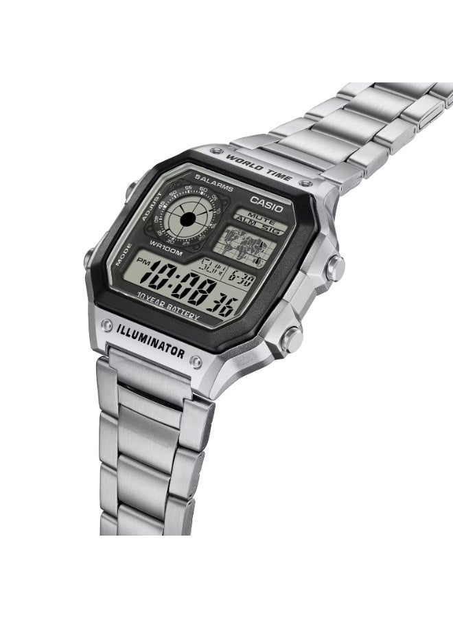 Casio AE-1200WHD-1AVDF Digital World Time Watch for Men – Black Dial, Silver Accents, Stainless Steel Band, LED Light, 100M Water Resistant - Image 4