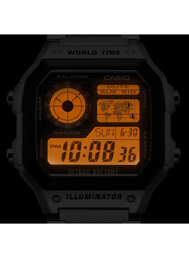 Casio AE-1200WHD-1AVDF Digital World Time Watch for Men – Black Dial, Silver Accents, Stainless Steel Band, LED Light, 100M Water Resistant - Image 3