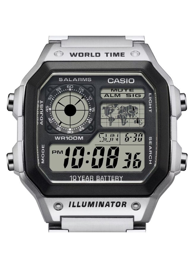 Casio AE-1200WHD-1AVDF Digital World Time Watch for Men – Black Dial, Silver Accents, Stainless Steel Band, LED Light, 100M Water Resistant - Image 2
