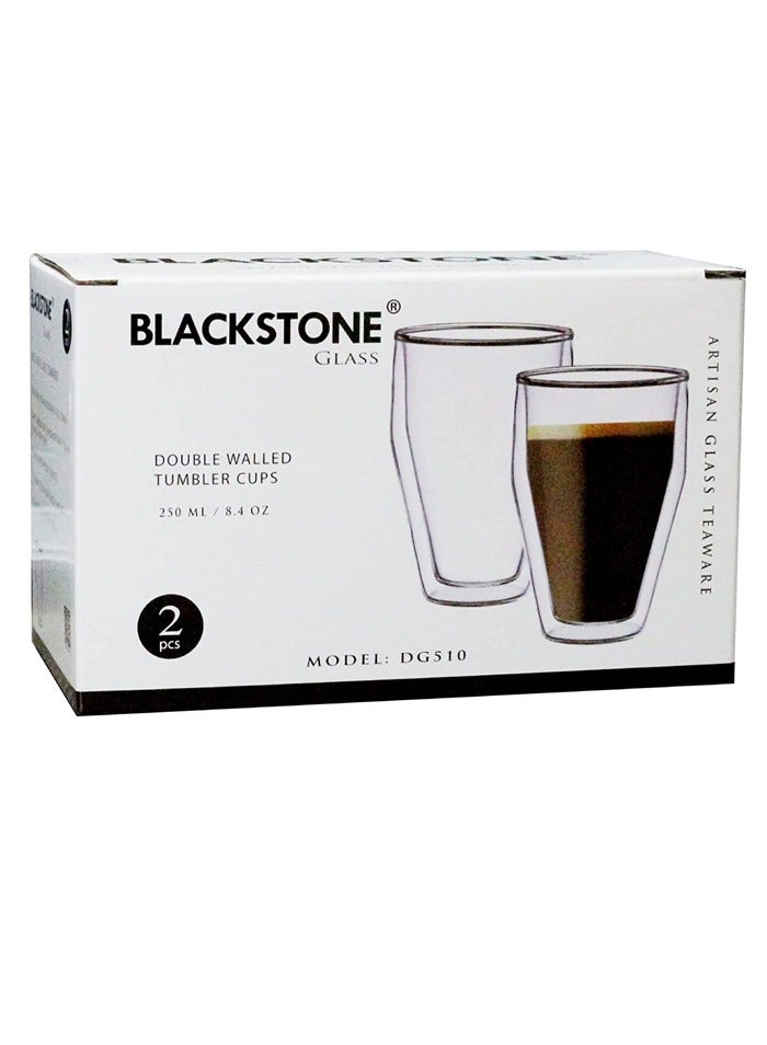 BLACKSTONE طقم أكواب زجاجية مزدوجة الجدار 250 مل DG510 مجموعة من 2 للقهوة، أكواب مقاومة للحرارة معزولة حرارياً للمشروبات الساخنة مثل الشاي الإسبريسو والمشروبات الباردة - Image 4