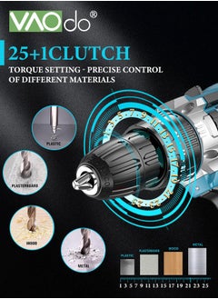 VAOdo 24V Cordless Drill Set with 2 Battery and LED Light 2 Variable Speed Power Drill Kit  Variable Speed 25+1 Torque Settings and 24pcs Drill Bits Cordless Impact Hammer Drill Driver  for Wood Cement Concrete Ceiling Brick Wall  - Image 3